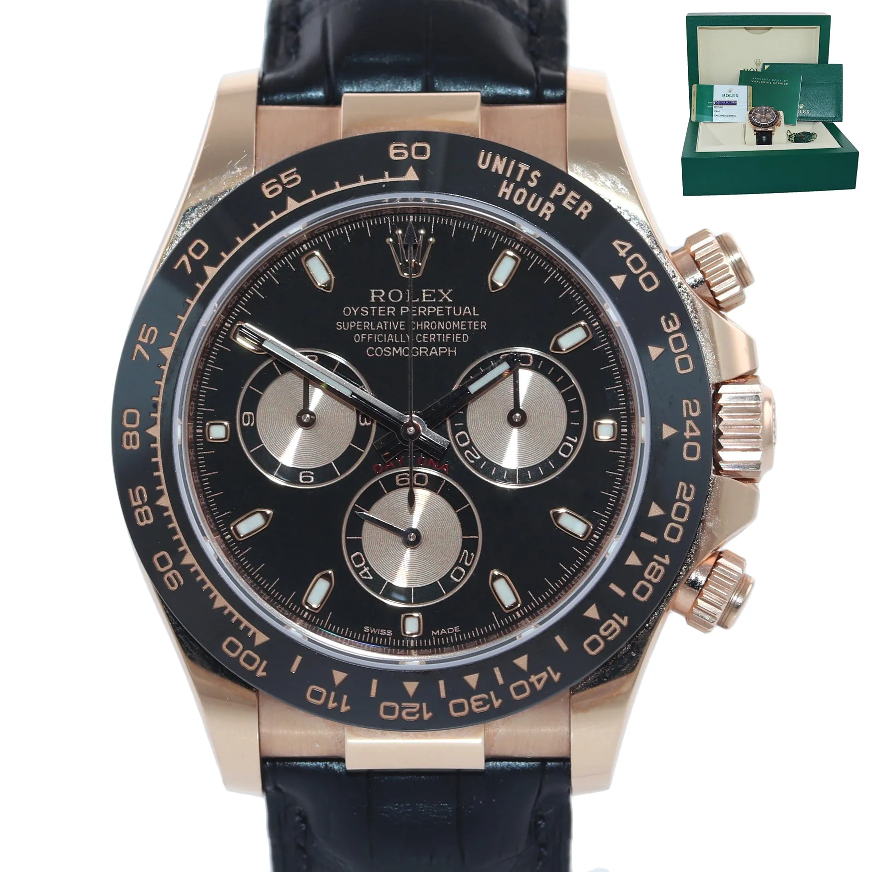 PAPERS NEW Rolex Daytona Ceramic 116515LN Rose Gold Black Leather Watch Box