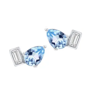 Pear-Shaped Sky Blue Topaz and White Topaz Baguette Toi Et Moi Stud Earrings