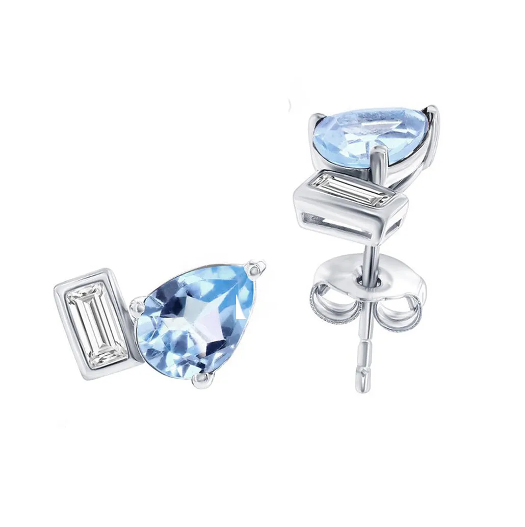 Pear-Shaped Sky Blue Topaz and White Topaz Baguette Toi Et Moi Stud Earrings