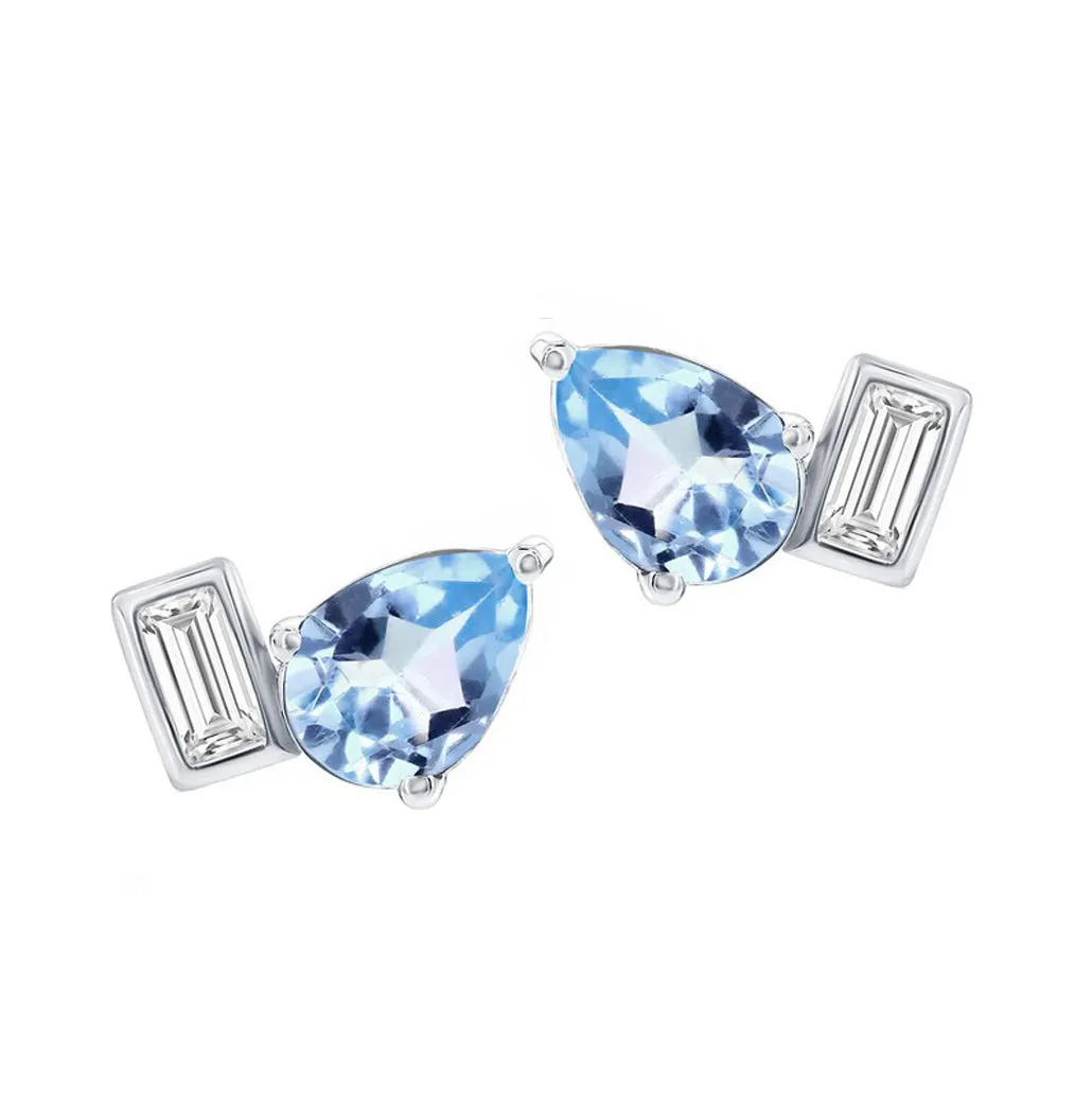 Pear-Shaped Sky Blue Topaz and White Topaz Baguette Toi Et Moi Stud Earrings