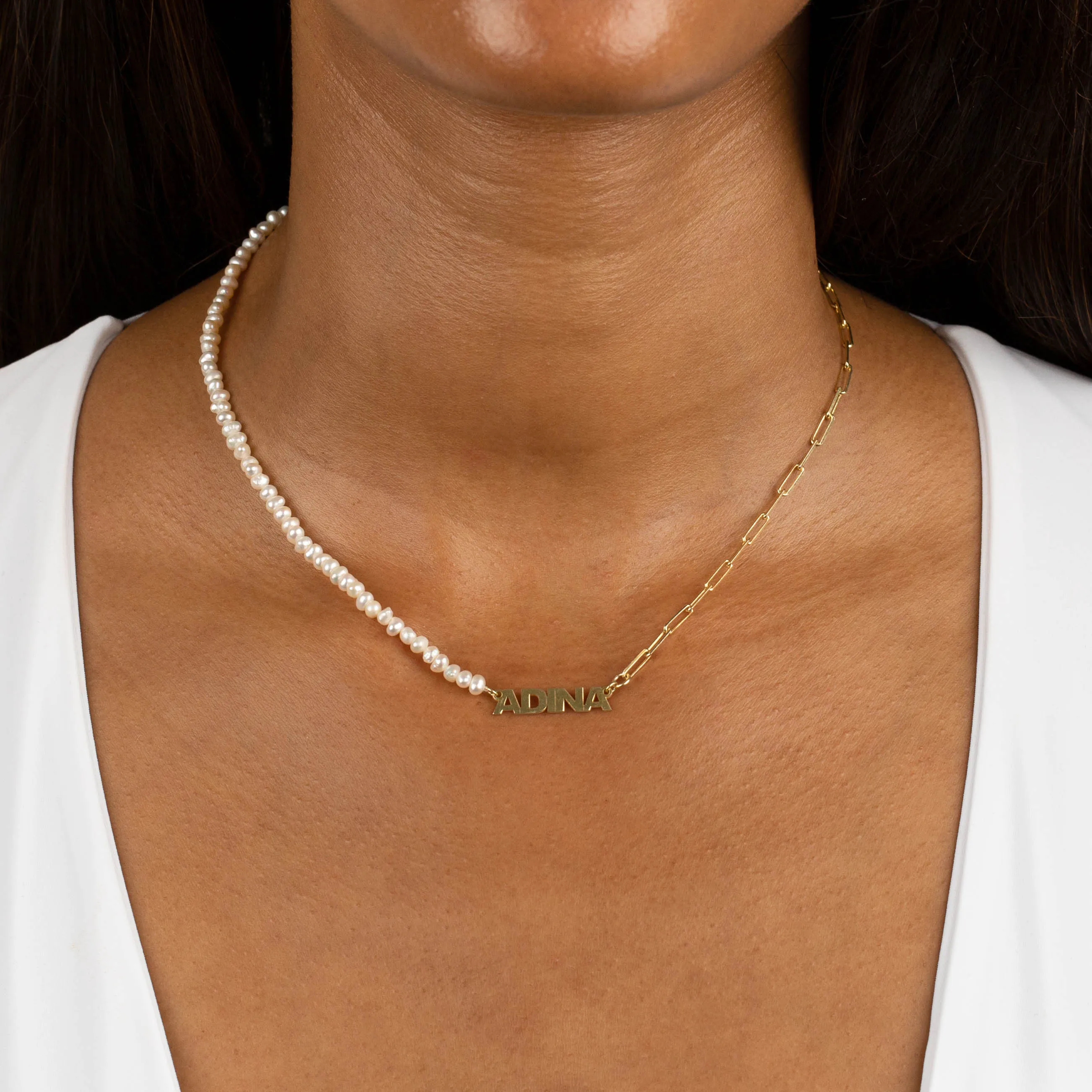 Pearl X Link Mini Nameplate Necklace