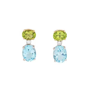 Peridot Blue Topaz Earrings Drops Estate 18k Gold Mixed Gemstones Fine Jewelry