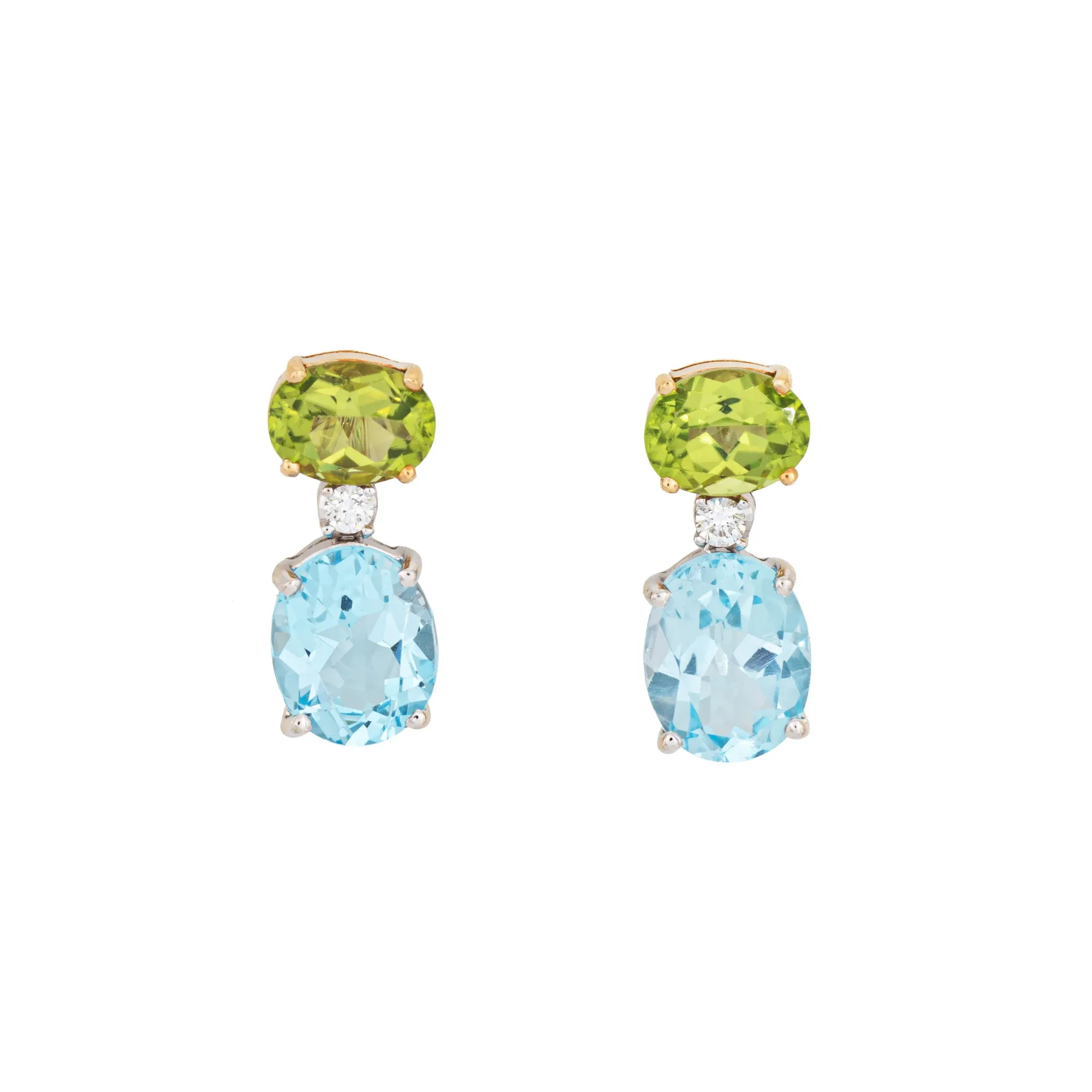 Peridot Blue Topaz Earrings Drops Estate 18k Gold Mixed Gemstones Fine Jewelry