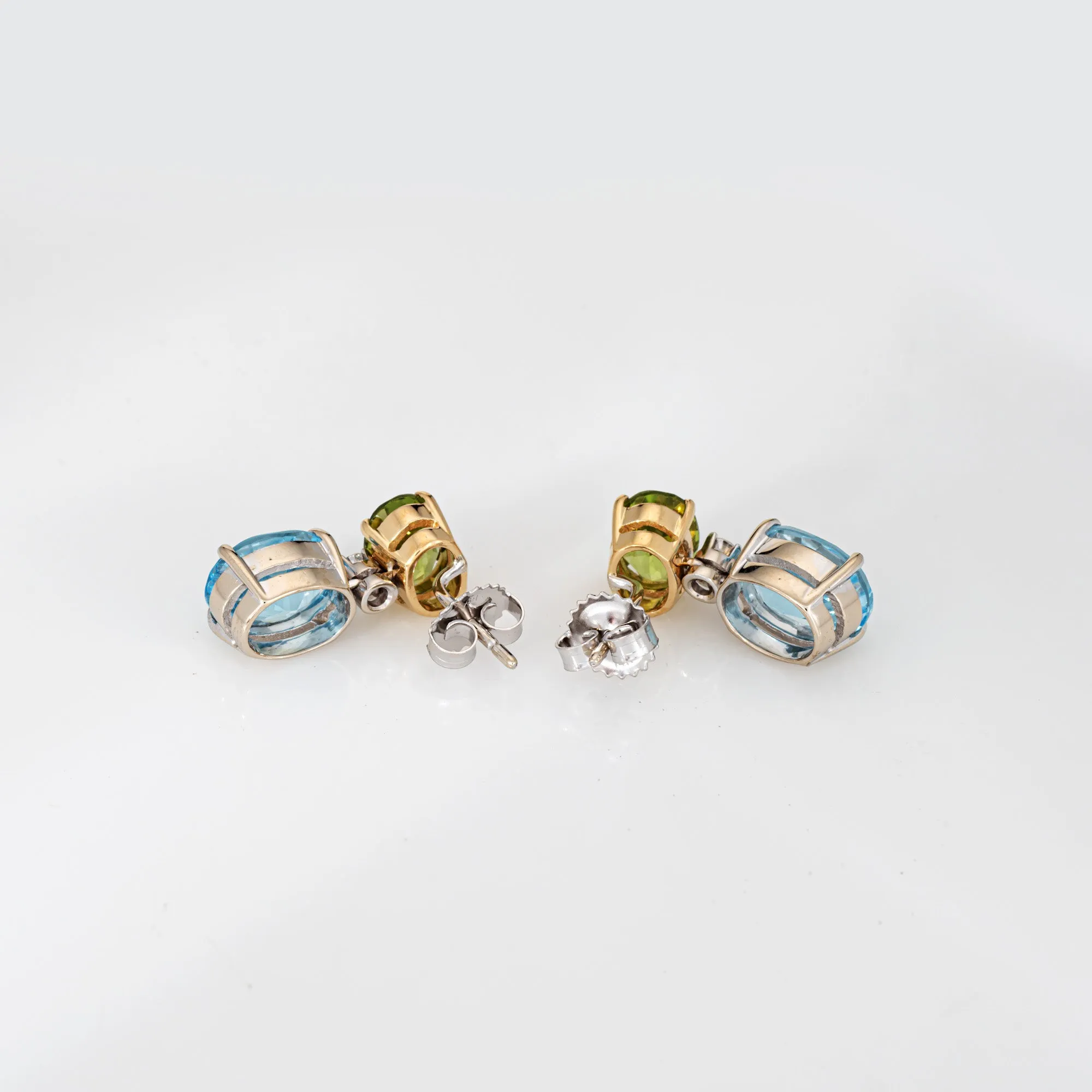 Peridot Blue Topaz Earrings Drops Estate 18k Gold Mixed Gemstones Fine Jewelry