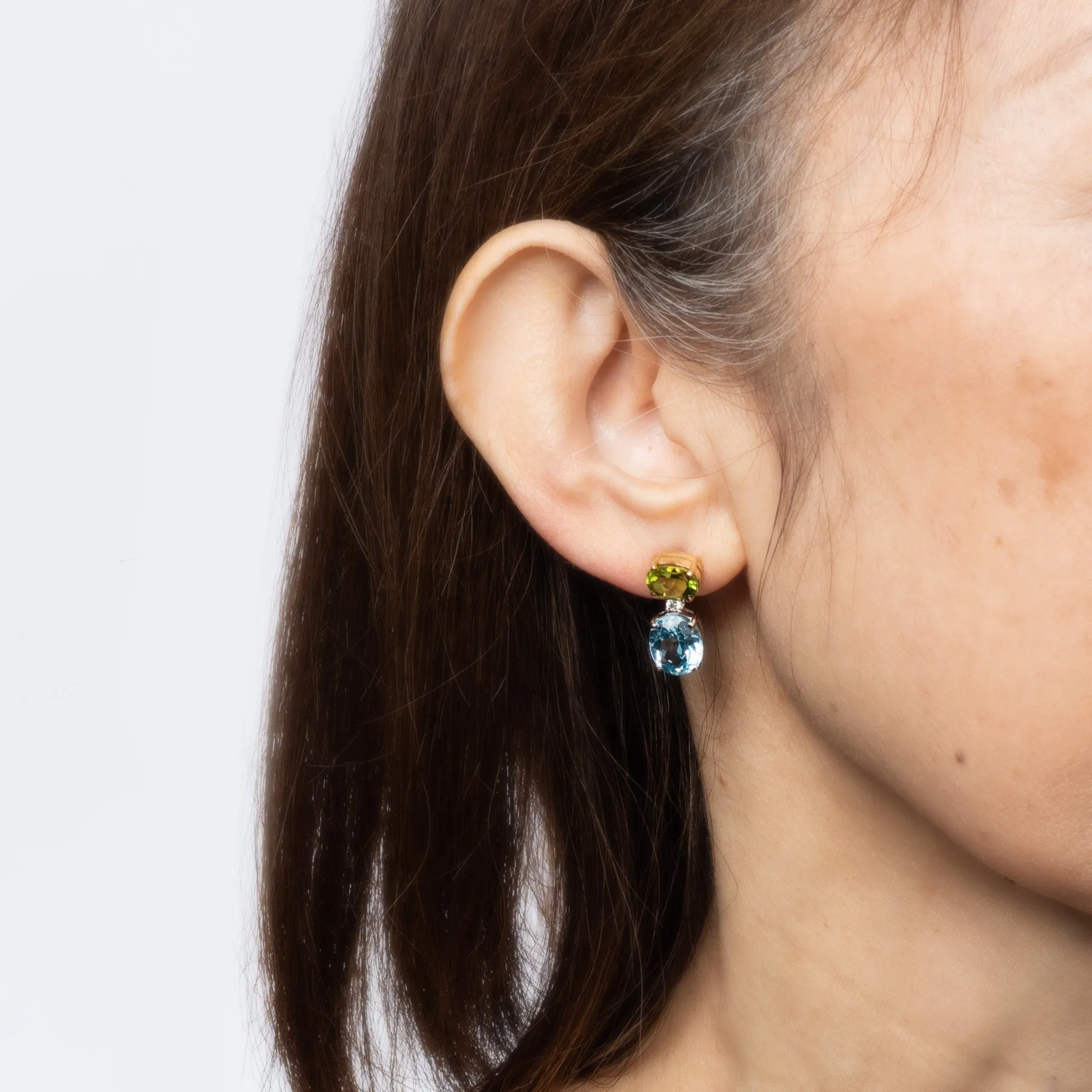 Peridot Blue Topaz Earrings Drops Estate 18k Gold Mixed Gemstones Fine Jewelry