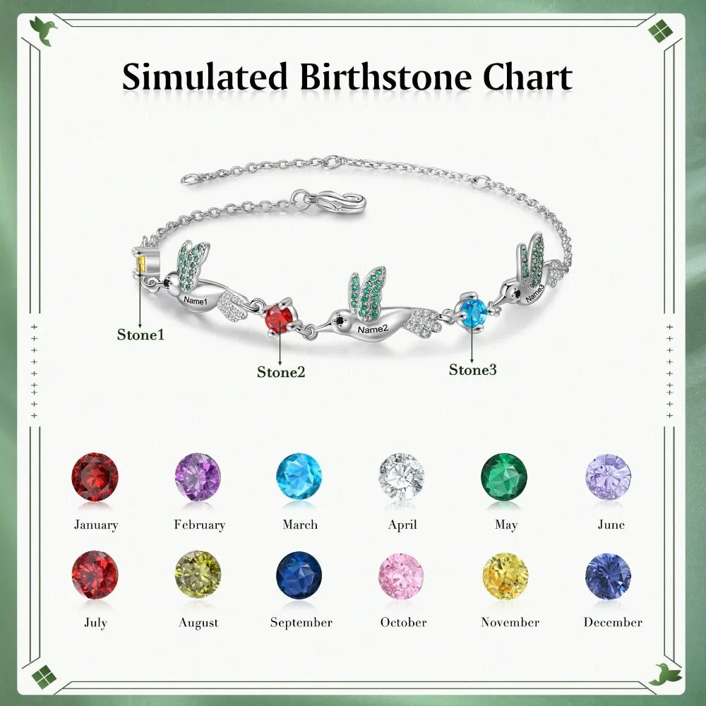 Personalized Hummingbird With 3 Birthstones Bracelets For Women