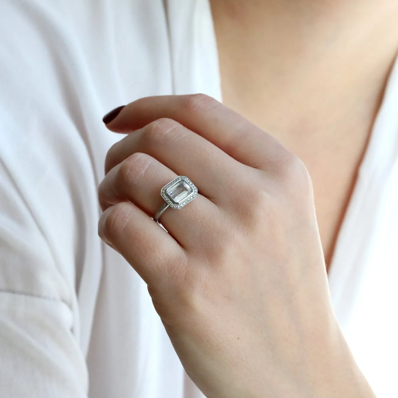 Platinum & East-West Emerald-Cut White Sapphire Ring with Diamonds