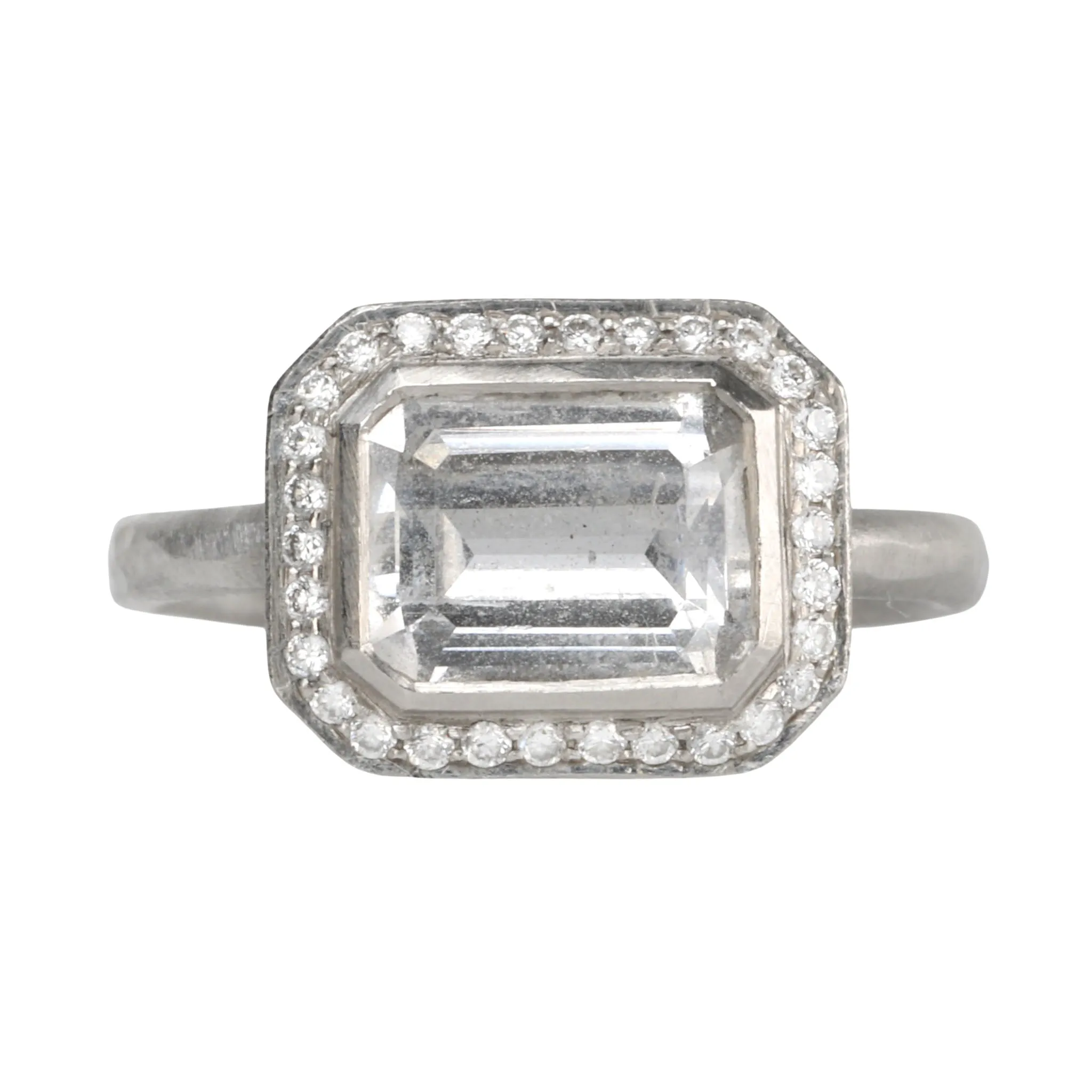 Platinum & East-West Emerald-Cut White Sapphire Ring with Diamonds