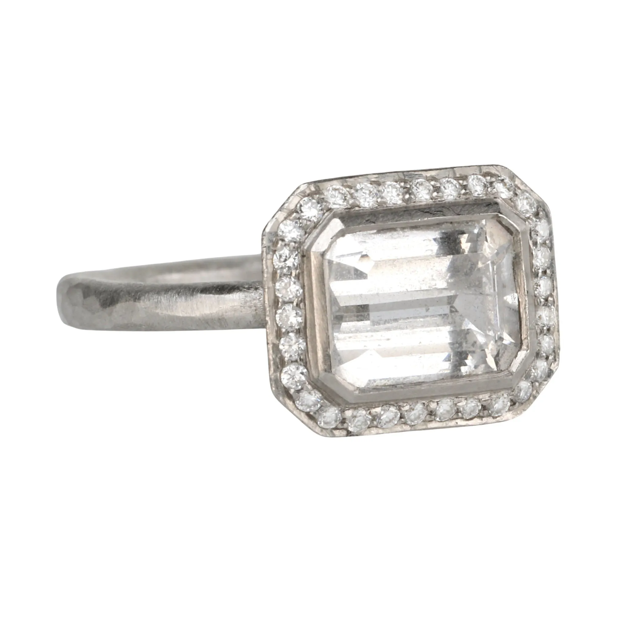 Platinum & East-West Emerald-Cut White Sapphire Ring with Diamonds