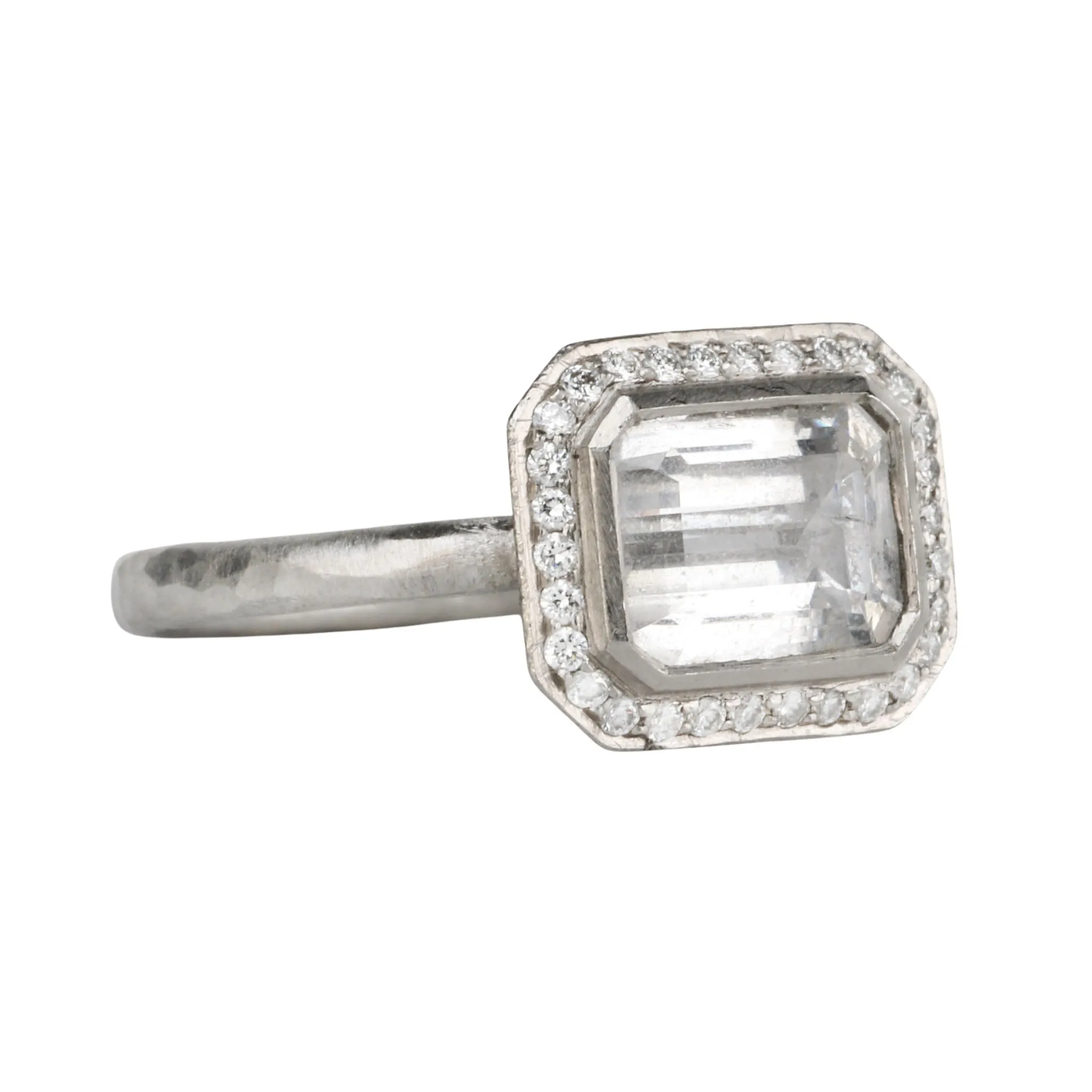 Platinum & East-West Emerald-Cut White Sapphire Ring with Diamonds