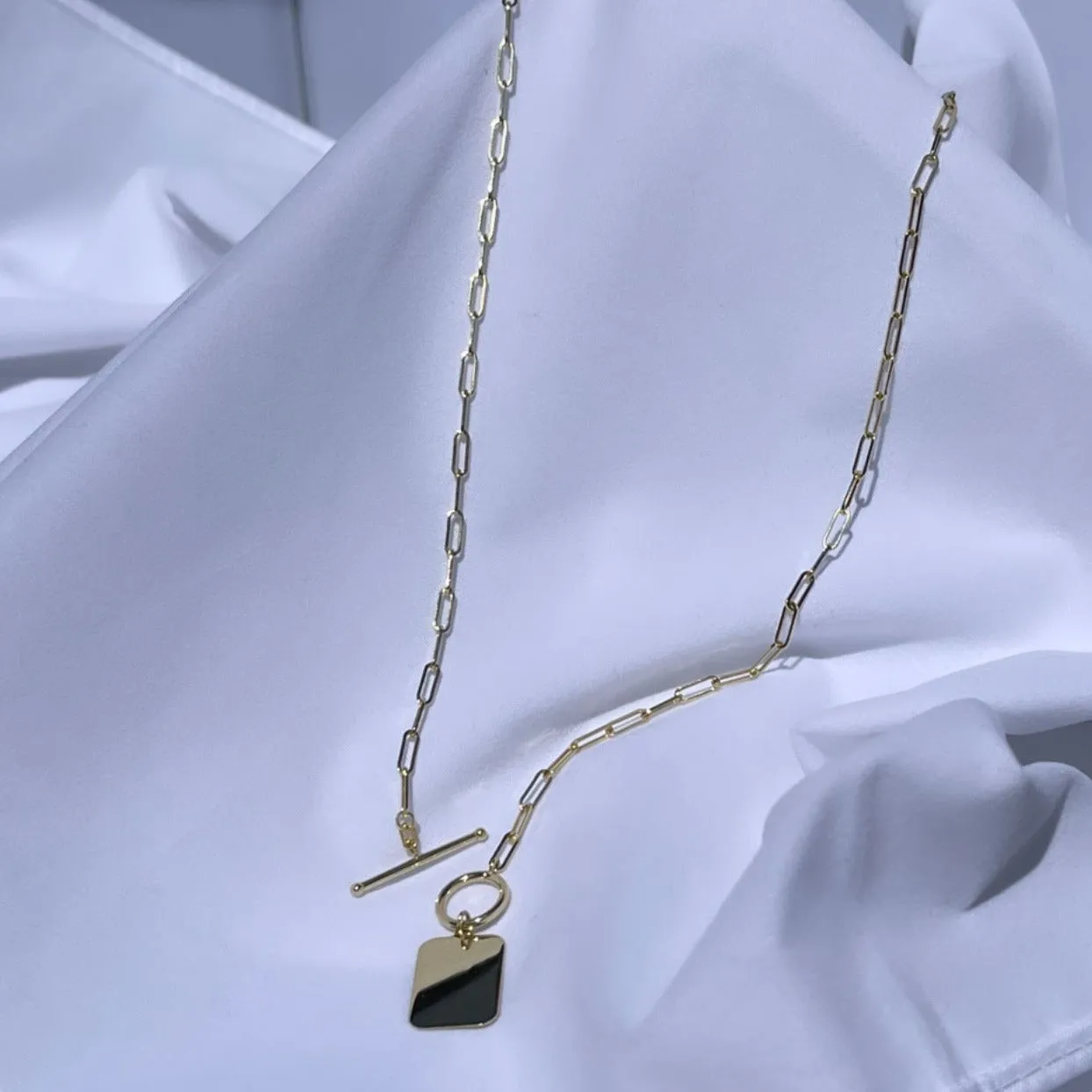 Polished Paper Clip with Toggle and Dog Tag Pendant