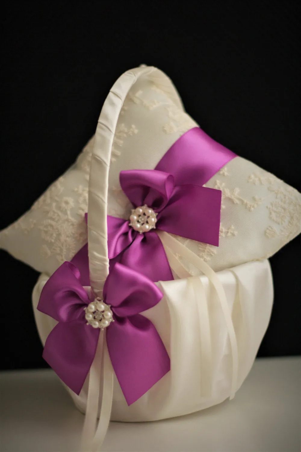 Purple Flower Girl Basket and Ring Bearer Pillow Set
