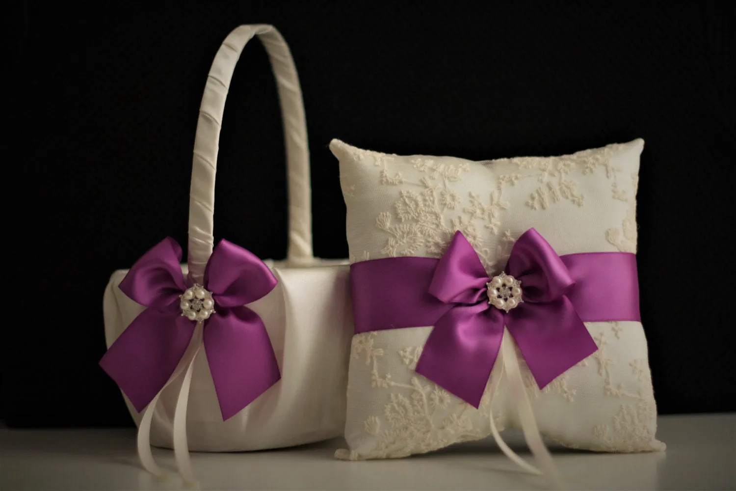 Purple Flower Girl Basket and Ring Bearer Pillow Set