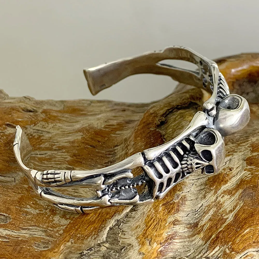 Real Solid 925 Sterling Silver Cuff Bracelets Skeletons Skulls Gothic Punk Jewelry Open Bangle