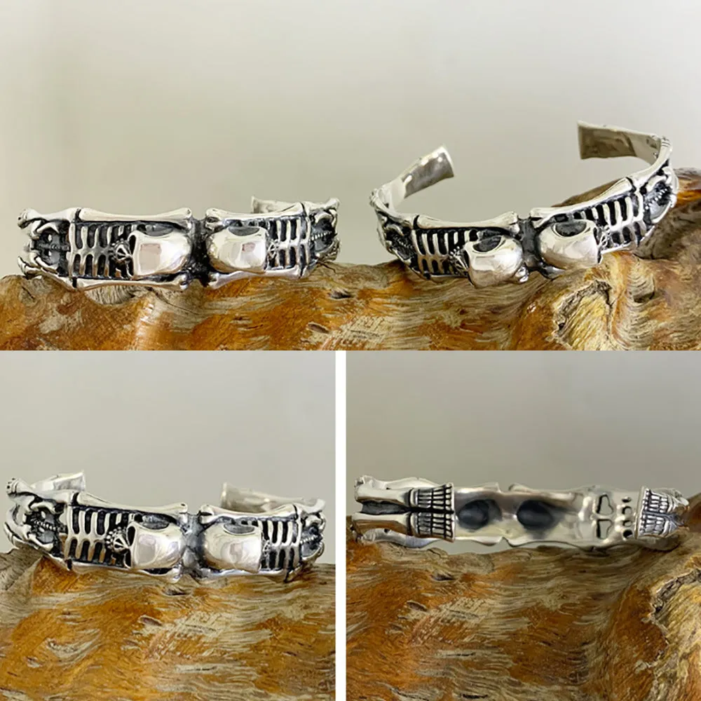 Real Solid 925 Sterling Silver Cuff Bracelets Skeletons Skulls Gothic Punk Jewelry Open Bangle
