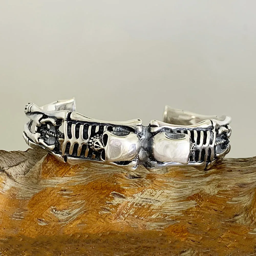 Real Solid 925 Sterling Silver Cuff Bracelets Skeletons Skulls Gothic Punk Jewelry Open Bangle