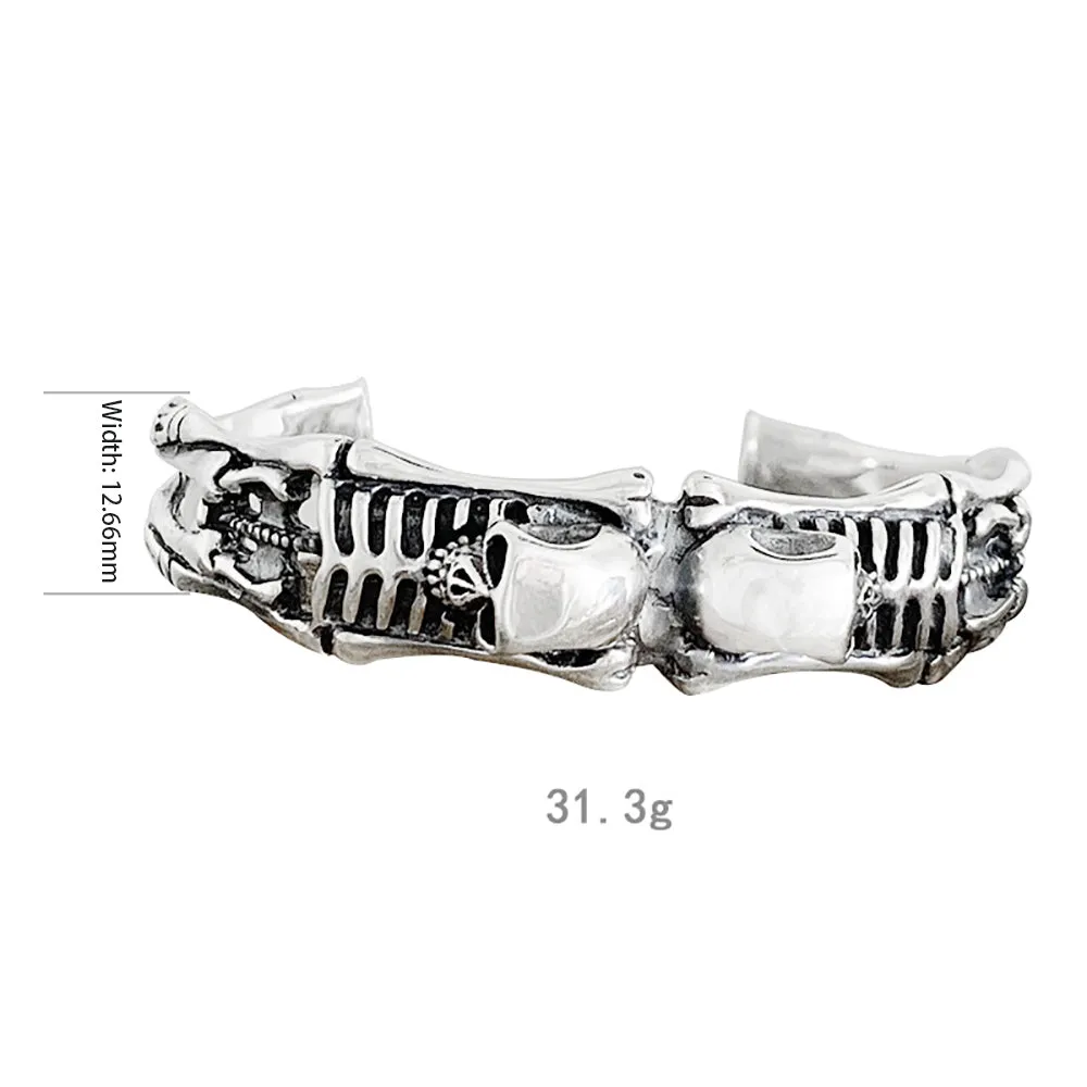 Real Solid 925 Sterling Silver Cuff Bracelets Skeletons Skulls Gothic Punk Jewelry Open Bangle
