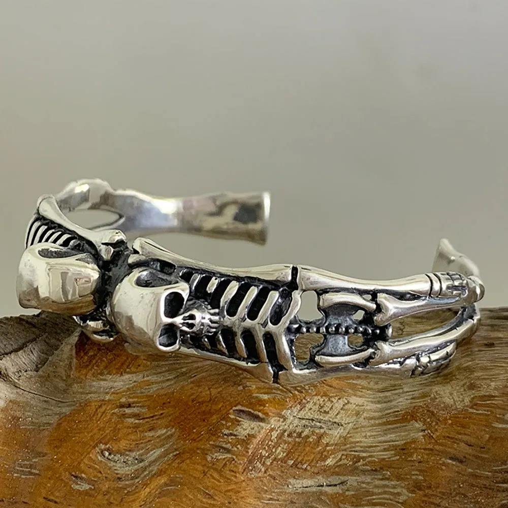 Real Solid 925 Sterling Silver Cuff Bracelets Skeletons Skulls Gothic Punk Jewelry Open Bangle
