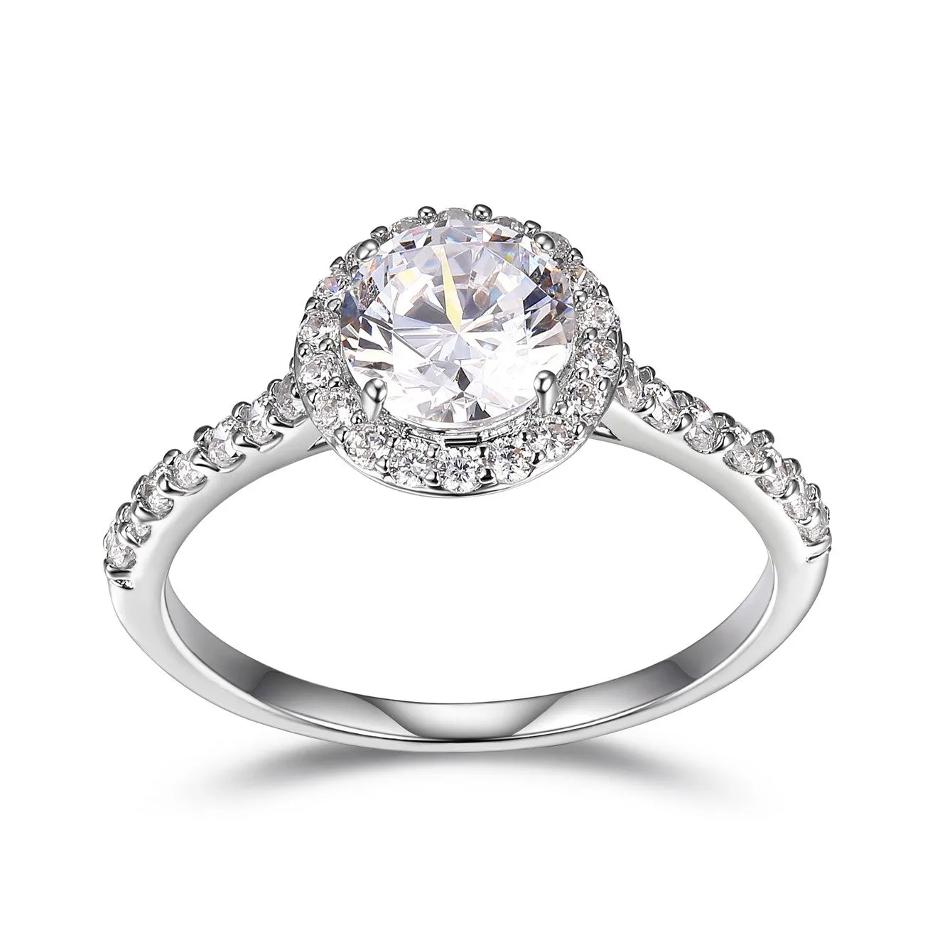 Reign Sterling Silver Rhodium Plated CZ Round Halo Ring