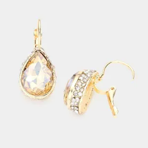 Rhinestone Lt Topaz Teardrop Stone Lever Back Gold Evening Earrings