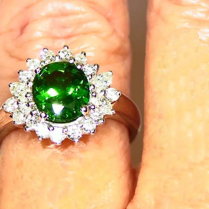 Rich Green 2ct Tsavorite Garnet .50ct Diamond Halo Platinum Ring