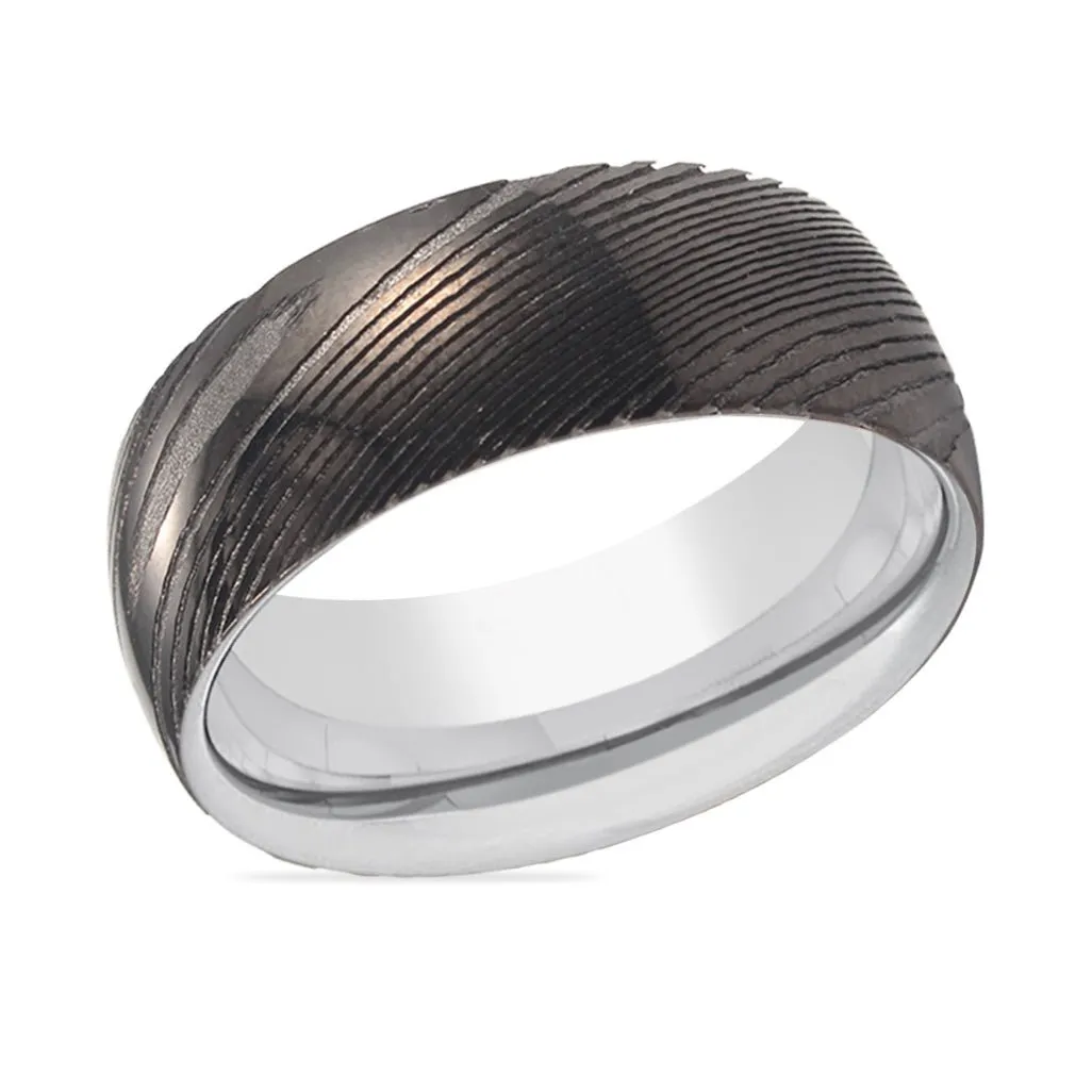 ROCKET | Silver Ring, Gunmetal Damascus Steel Ring, Domed
