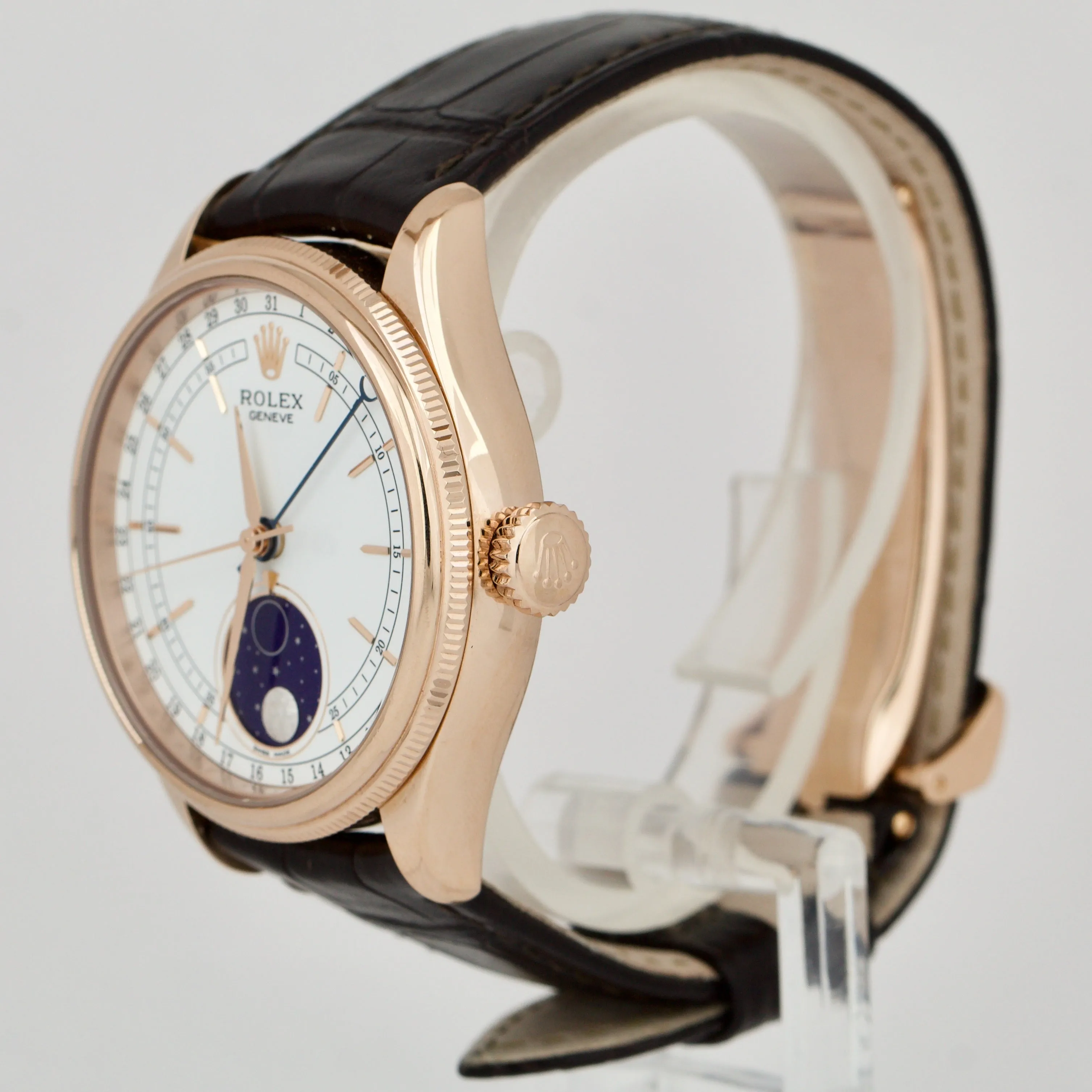 Rolex Cellini Moonphase White Dial 18K Everose Gold 39mm Leather 50535 Watch