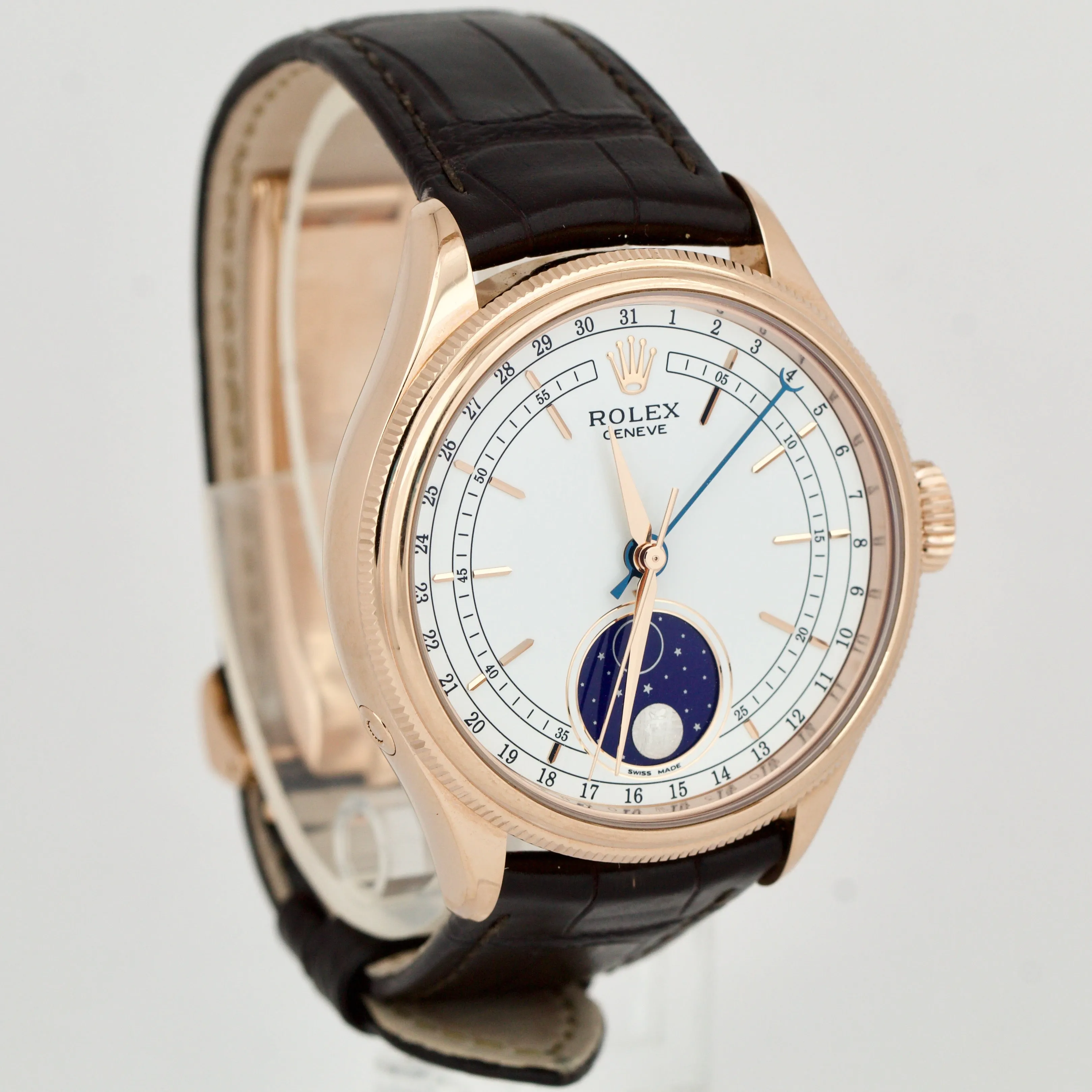 Rolex Cellini Moonphase White Dial 18K Everose Gold 39mm Leather 50535 Watch