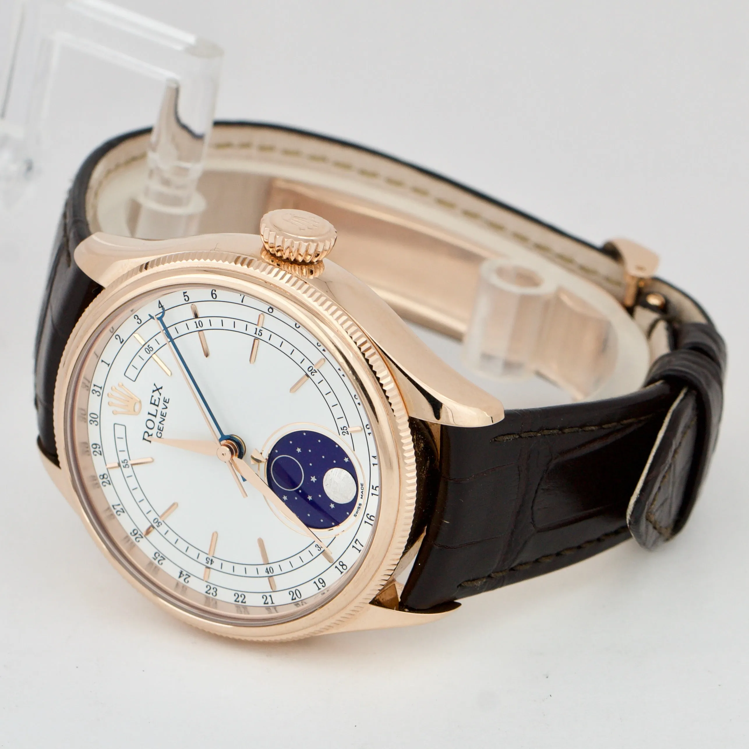 Rolex Cellini Moonphase White Dial 18K Everose Gold 39mm Leather 50535 Watch