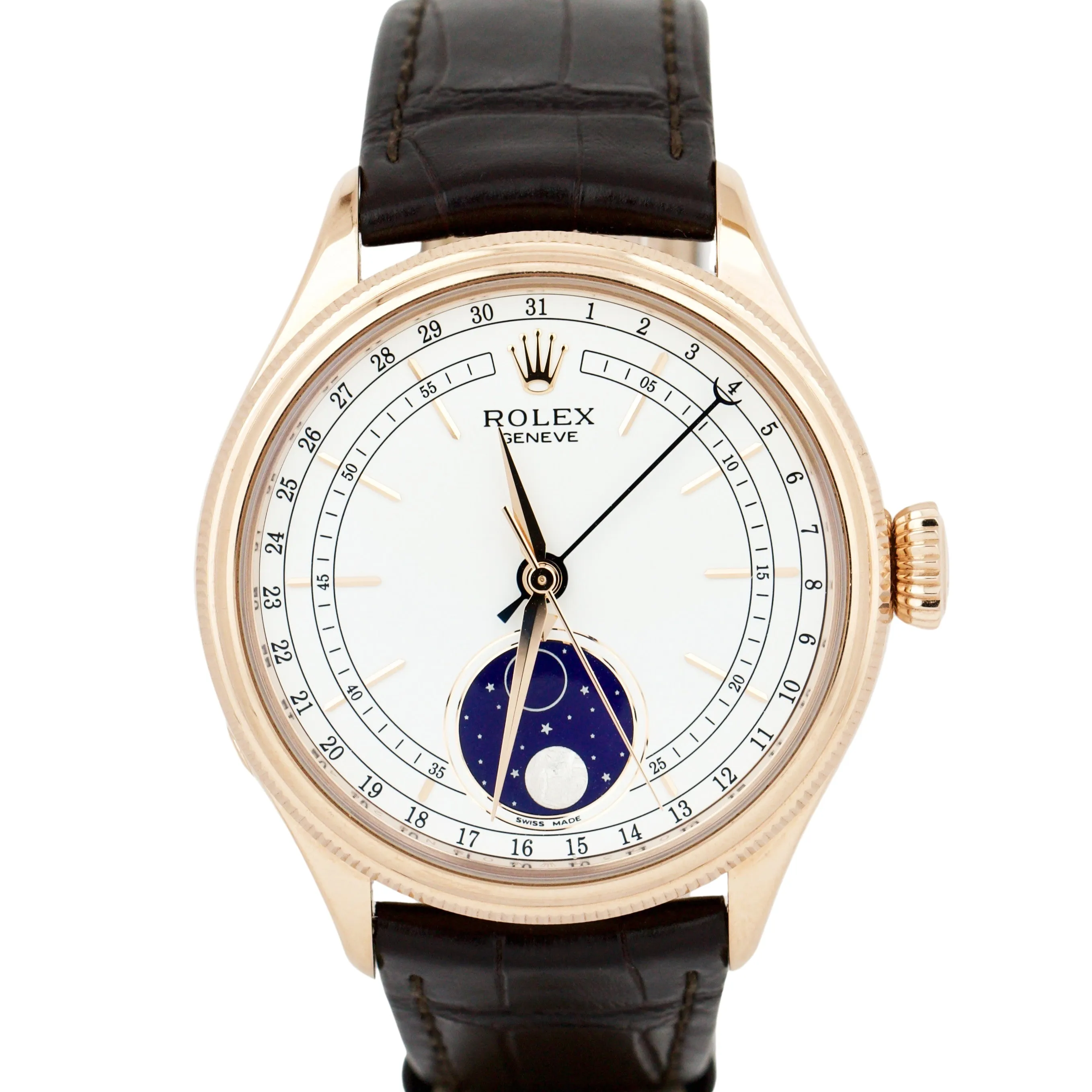 Rolex Cellini Moonphase White Dial 18K Everose Gold 39mm Leather 50535 Watch