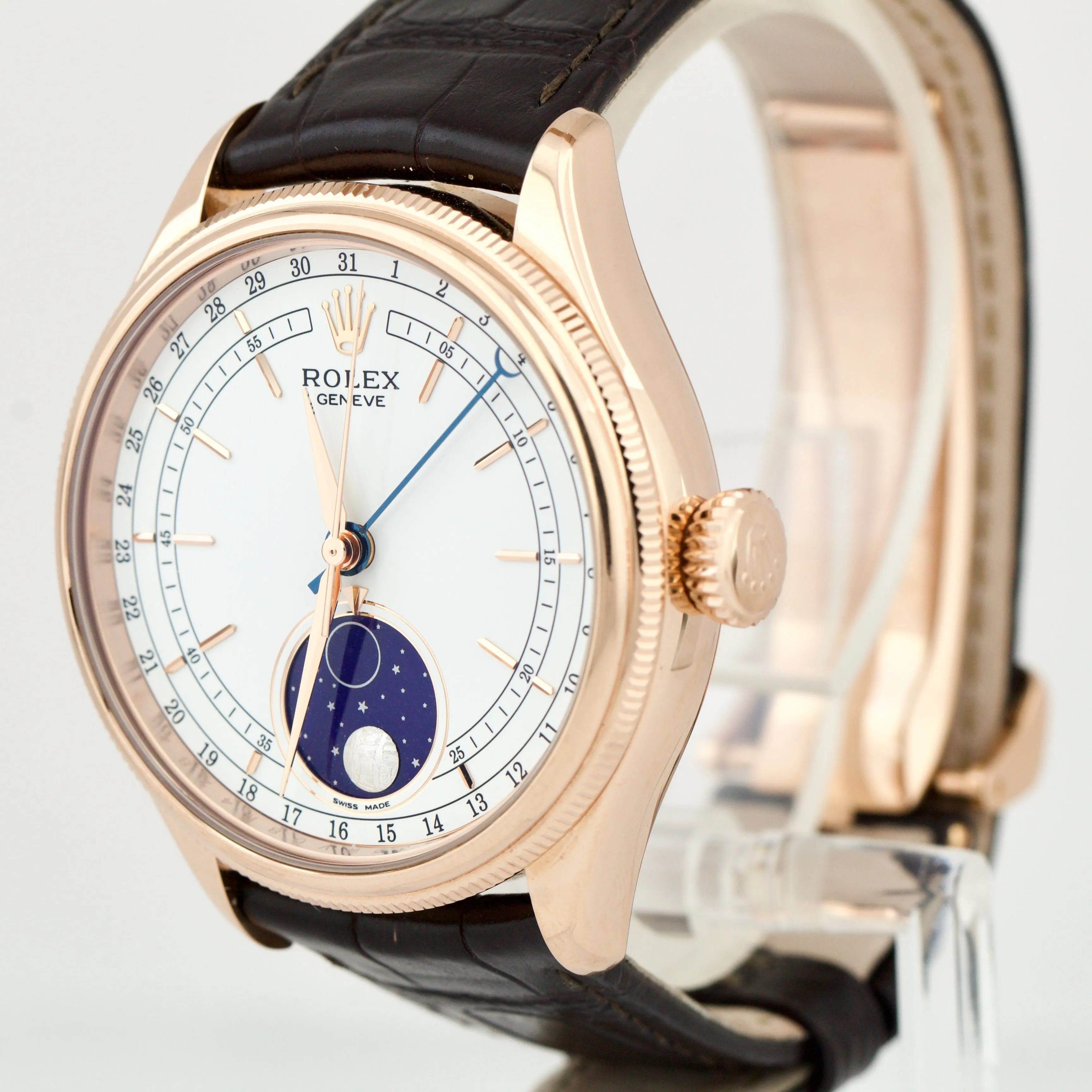 Rolex Cellini Moonphase White Dial 18K Everose Gold 39mm Leather 50535 Watch