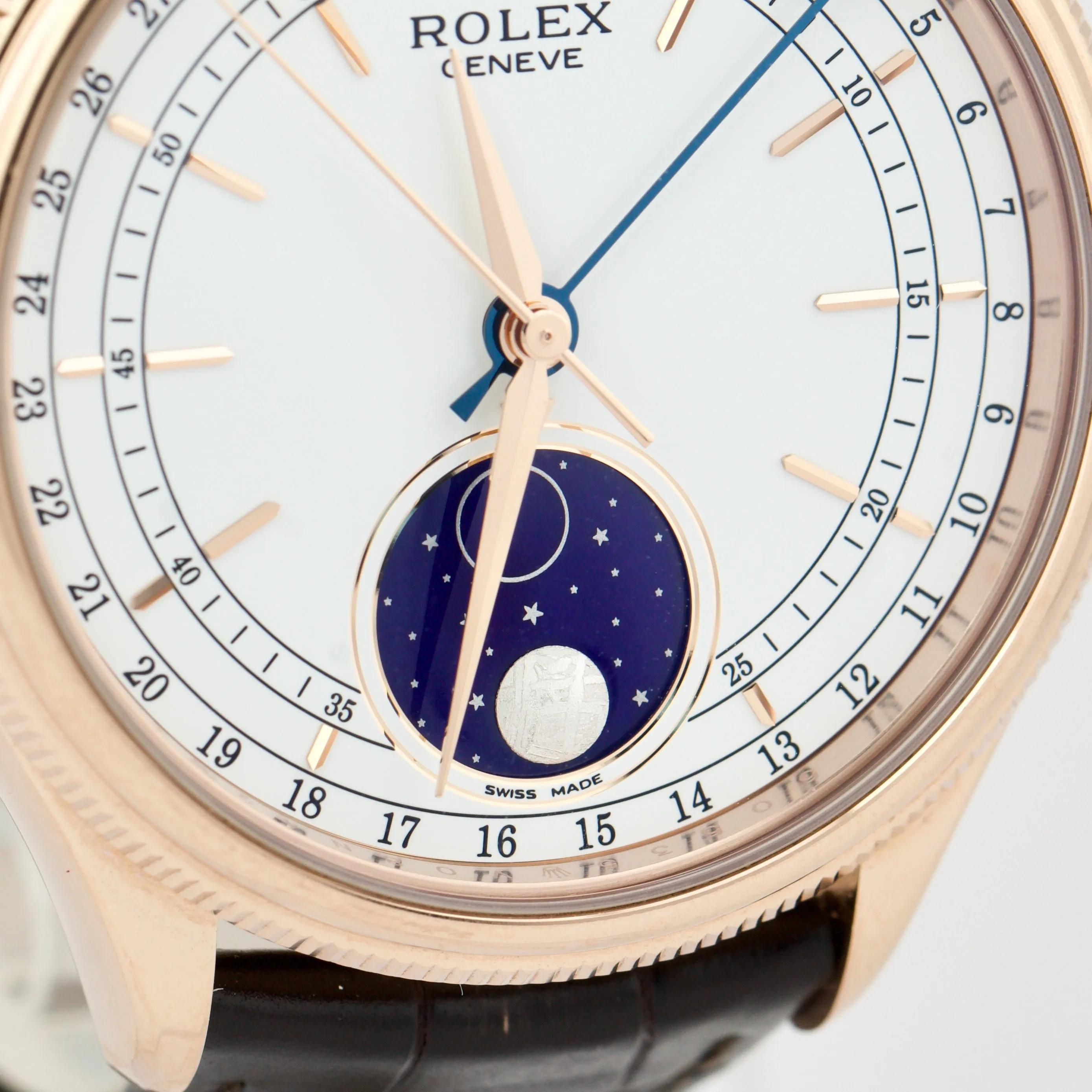 Rolex Cellini Moonphase White Dial 18K Everose Gold 39mm Leather 50535 Watch
