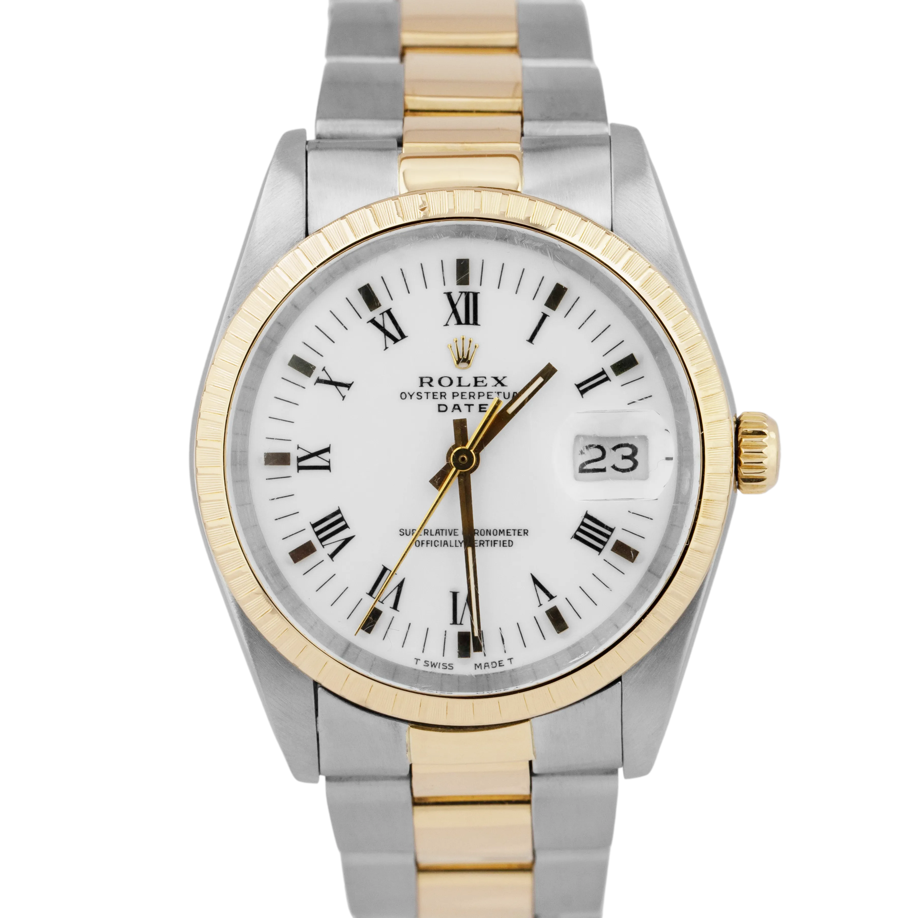 Rolex Oyster Perpetual Date 34mm White Two-Tone 18K Gold Steel Watch 15053