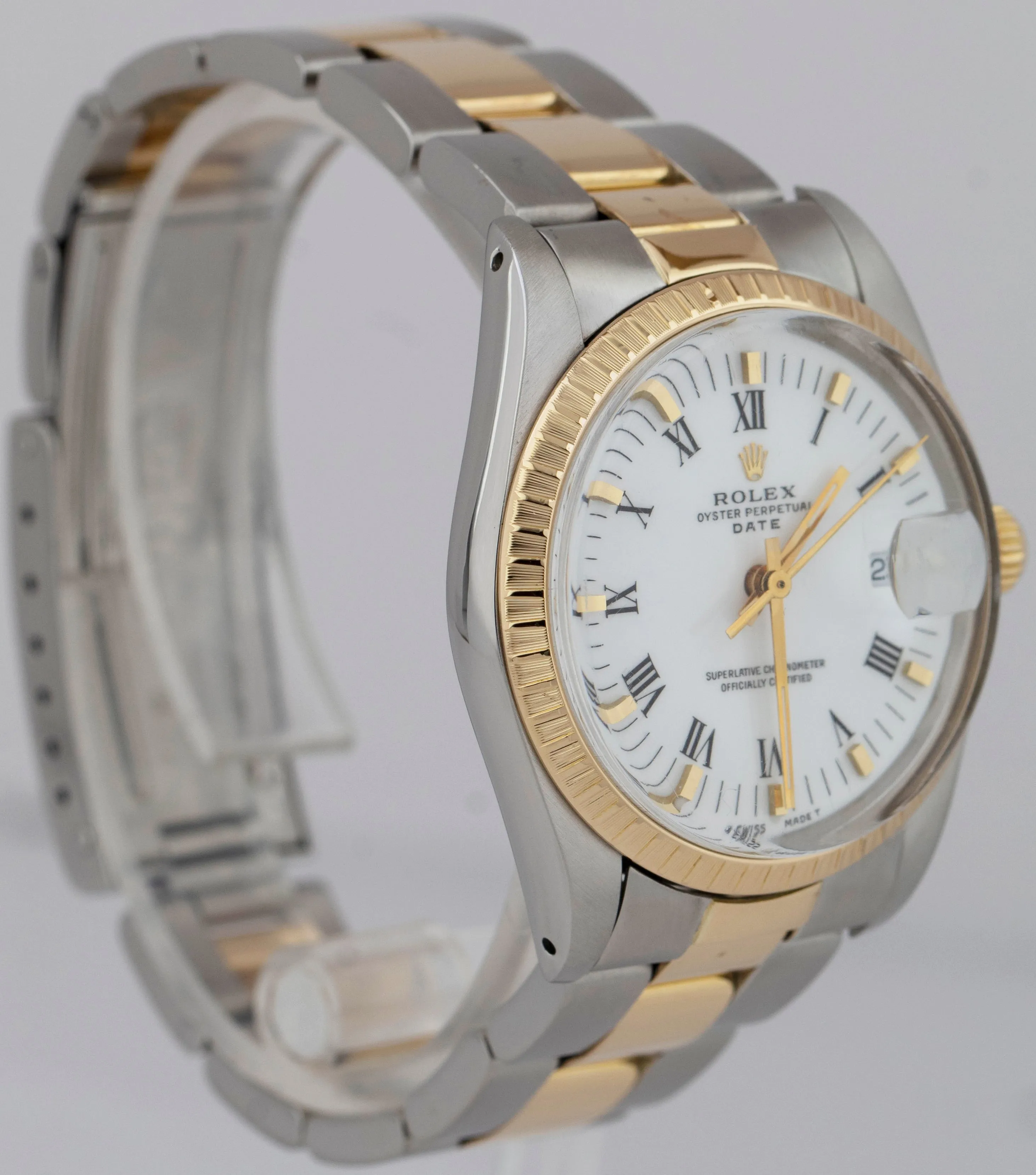 Rolex Oyster Perpetual Date 34mm White Two-Tone 18K Gold Steel Watch 15053