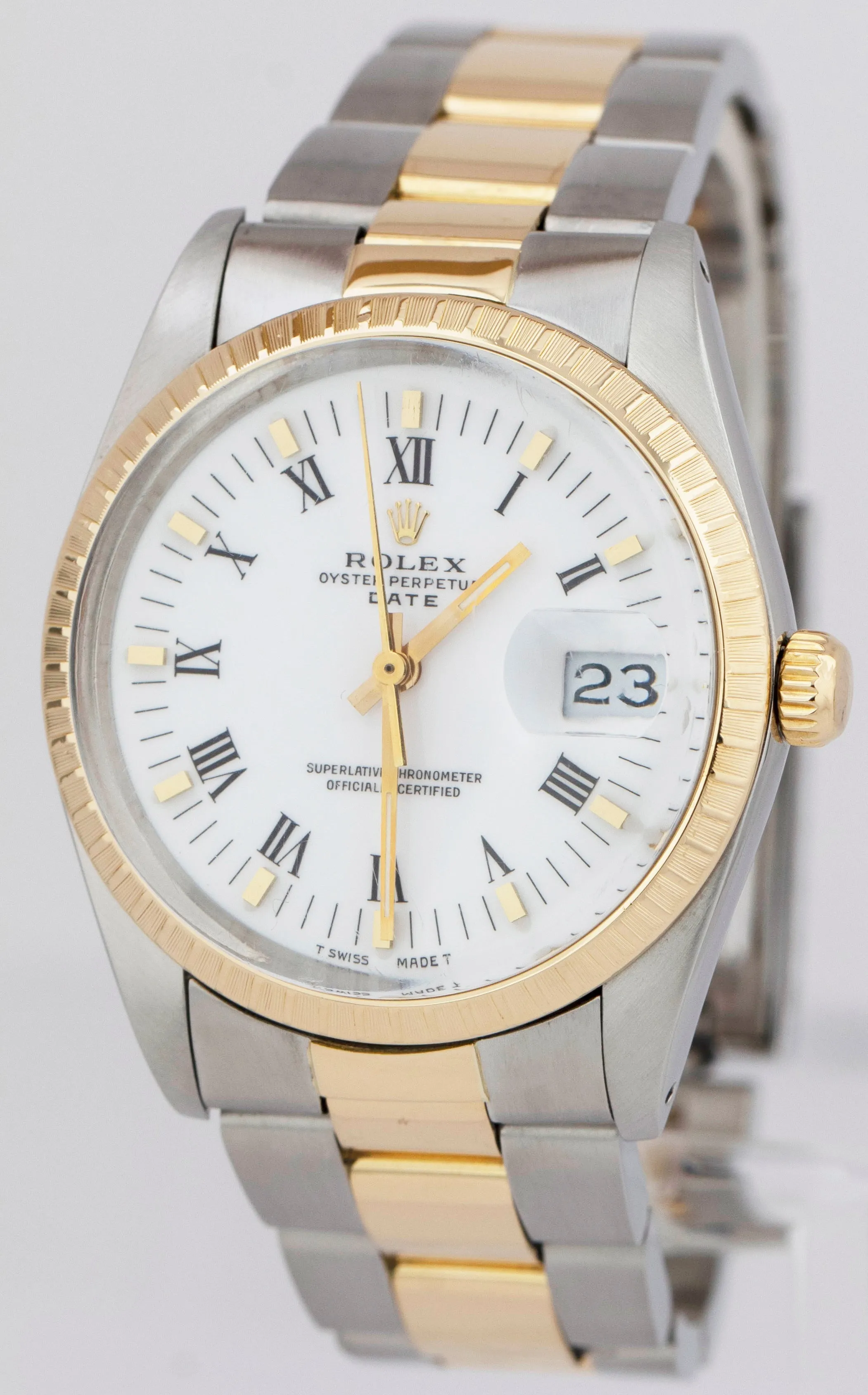 Rolex Oyster Perpetual Date 34mm White Two-Tone 18K Gold Steel Watch 15053