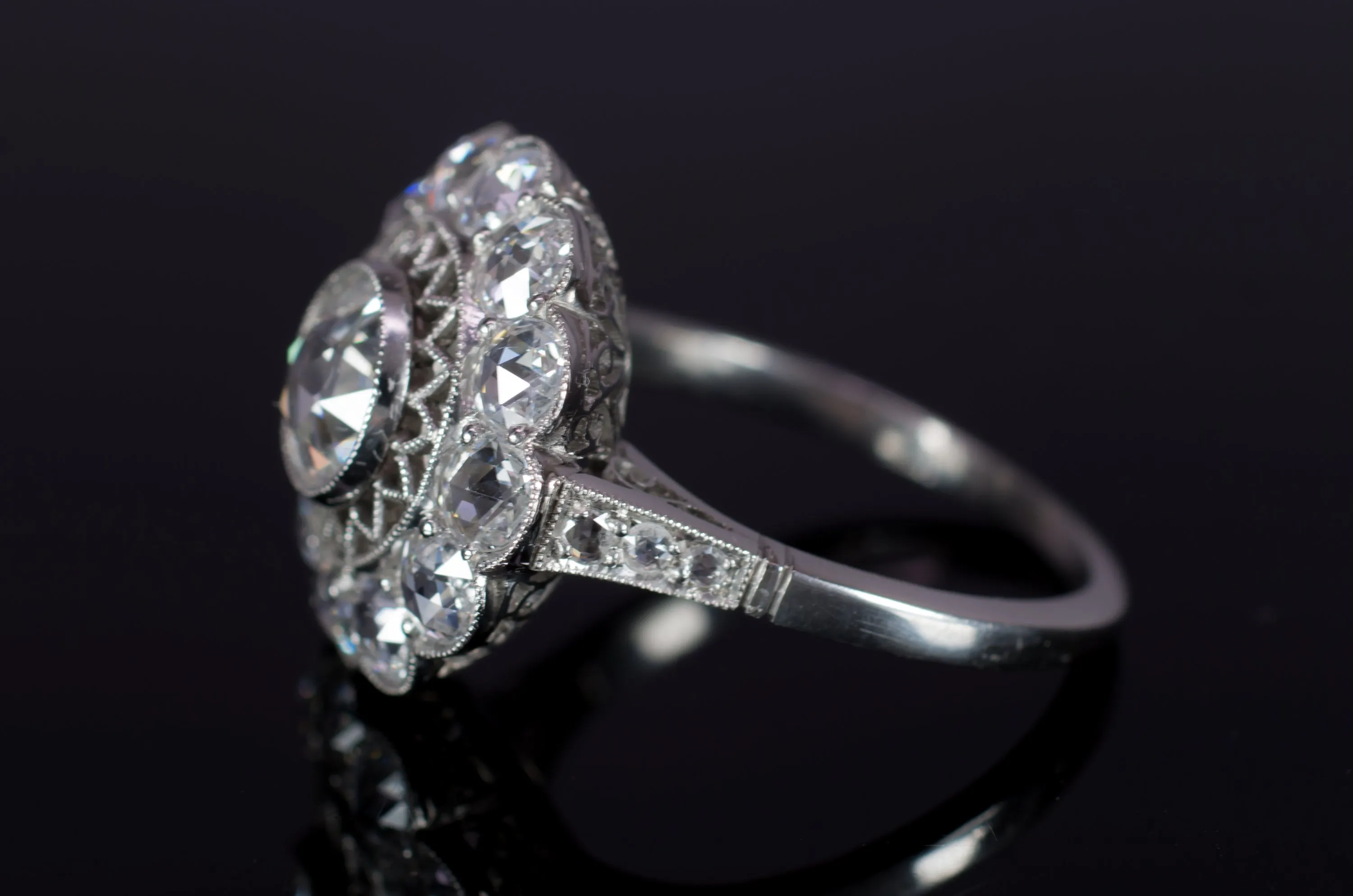 ROSE CUT DIAMOND HALO RING IN PLATINUM