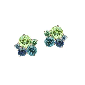 Rose gold ear studs with peridot, london blue topaz, iolite and tsavorite