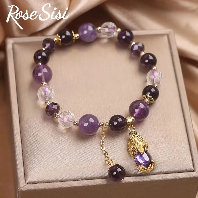 Rose sisi Amethyst bracelet Strawberry crystal bracelet for women purse Peace buckle fox pendant hand ornament lady jewelry gift