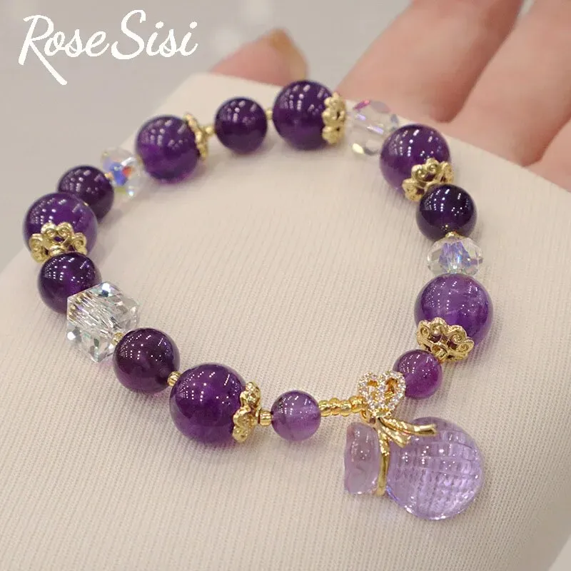 Rose sisi Amethyst bracelet Strawberry crystal bracelet for women purse Peace buckle fox pendant hand ornament lady jewelry gift