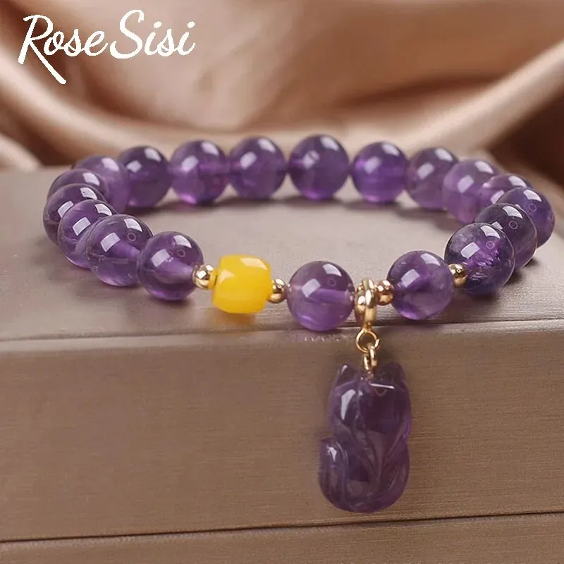Rose sisi Amethyst bracelet Strawberry crystal bracelet for women purse Peace buckle fox pendant hand ornament lady jewelry gift