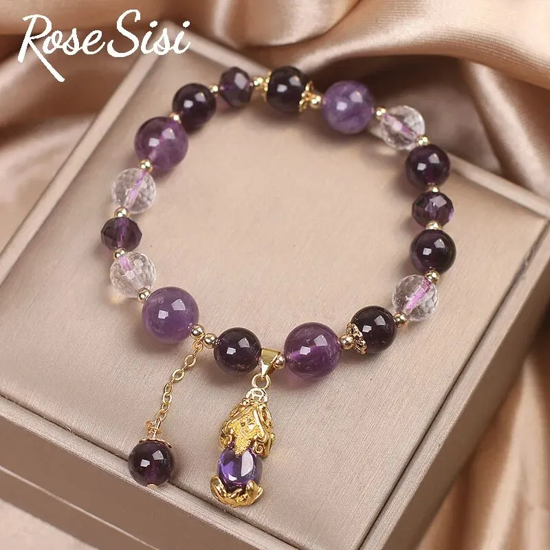 Rose sisi Amethyst bracelet Strawberry crystal bracelet for women purse Peace buckle fox pendant hand ornament lady jewelry gift