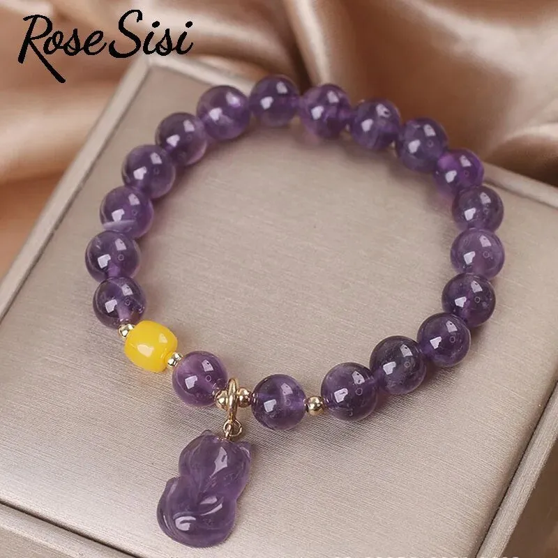 Rose sisi Amethyst bracelet Strawberry crystal bracelet for women purse Peace buckle fox pendant hand ornament lady jewelry gift