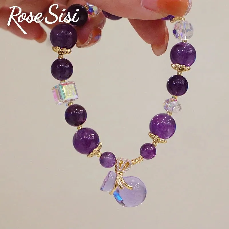 Rose sisi Amethyst bracelet Strawberry crystal bracelet for women purse Peace buckle fox pendant hand ornament lady jewelry gift