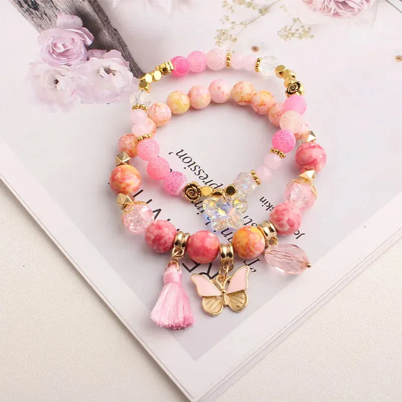 Rose sisi European and American style fashion stone bracelet for women elastic bracelet butterfly pendant jewelry for women gift