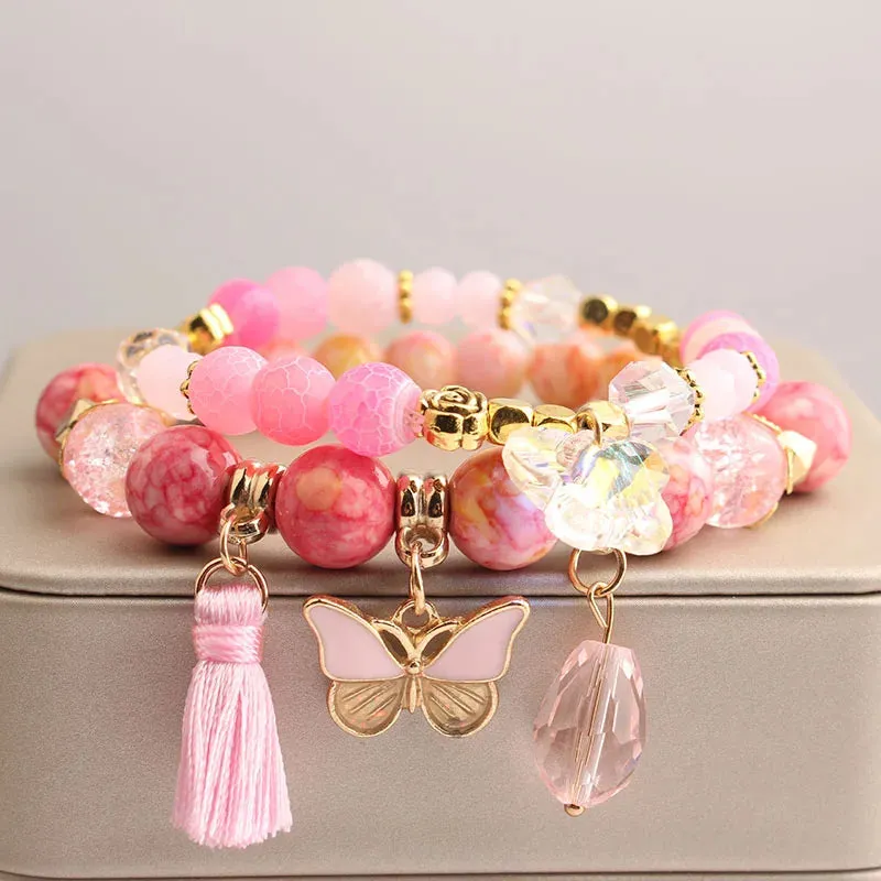 Rose sisi European and American style fashion stone bracelet for women elastic bracelet butterfly pendant jewelry for women gift