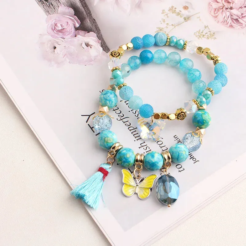 Rose sisi European and American style fashion stone bracelet for women elastic bracelet butterfly pendant jewelry for women gift