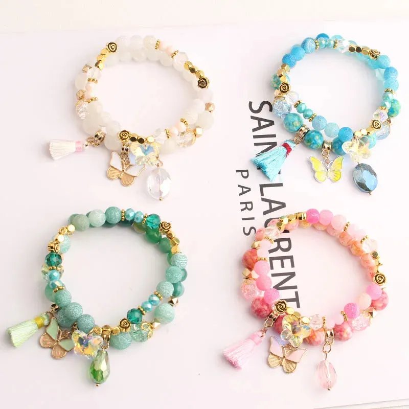 Rose sisi European and American style fashion stone bracelet for women elastic bracelet butterfly pendant jewelry for women gift
