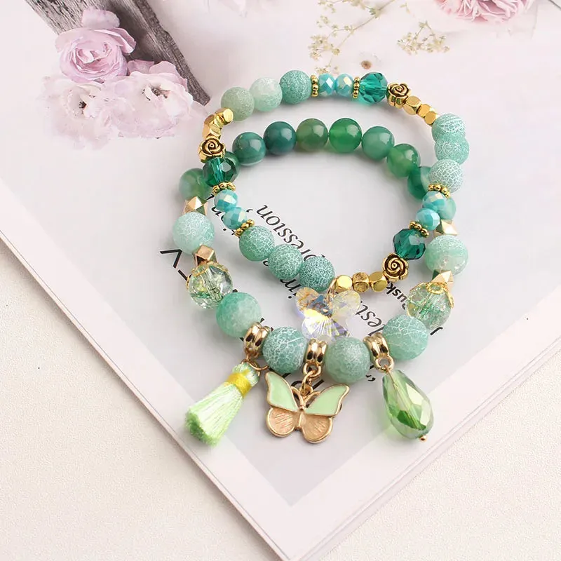 Rose sisi European and American style fashion stone bracelet for women elastic bracelet butterfly pendant jewelry for women gift