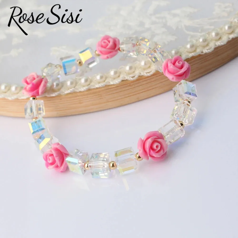 Rose sisi Korean version of fresh crystal bracelet for girls rose female charm bracelets elastic rope average size jewelry