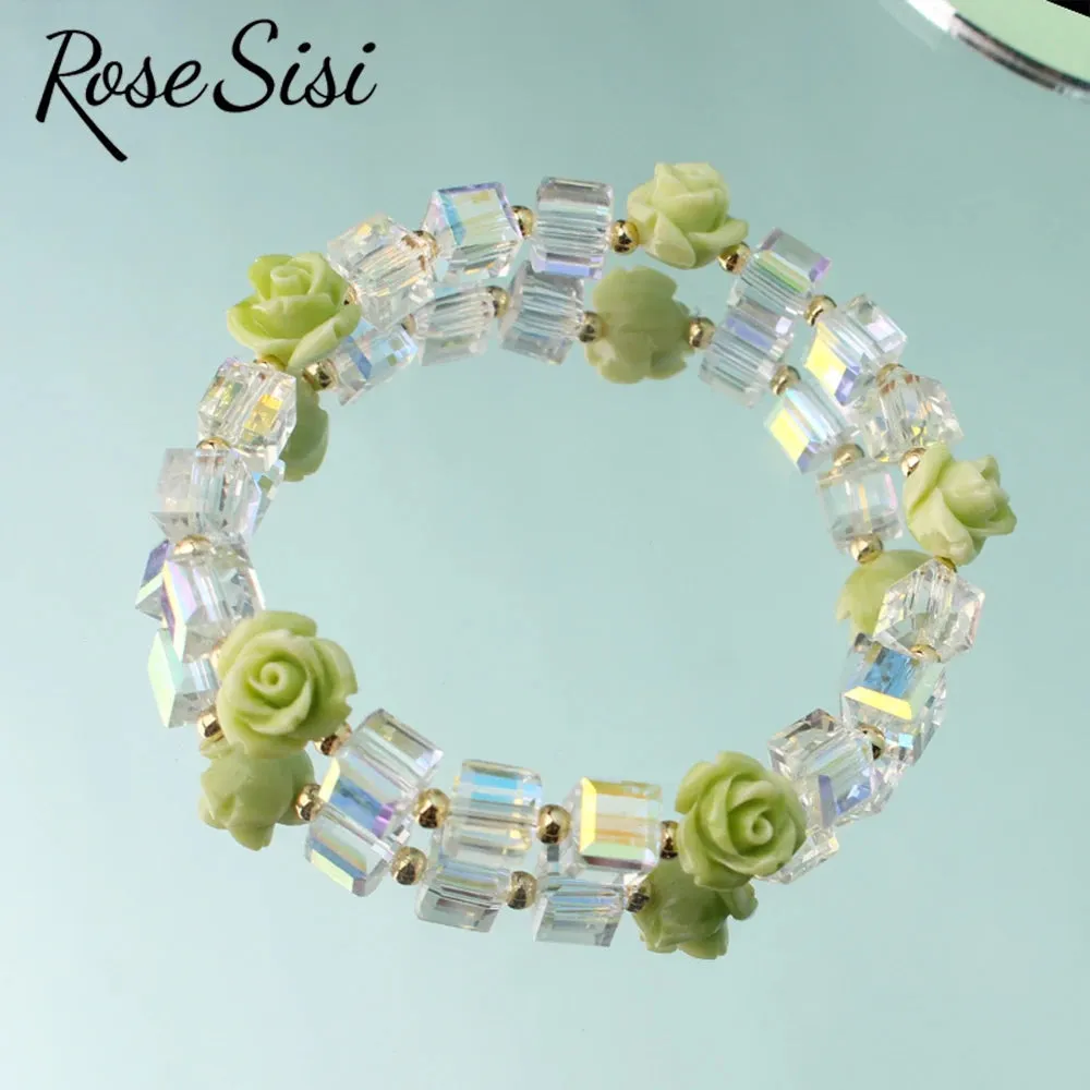 Rose sisi Korean version of fresh crystal bracelet for girls rose female charm bracelets elastic rope average size jewelry